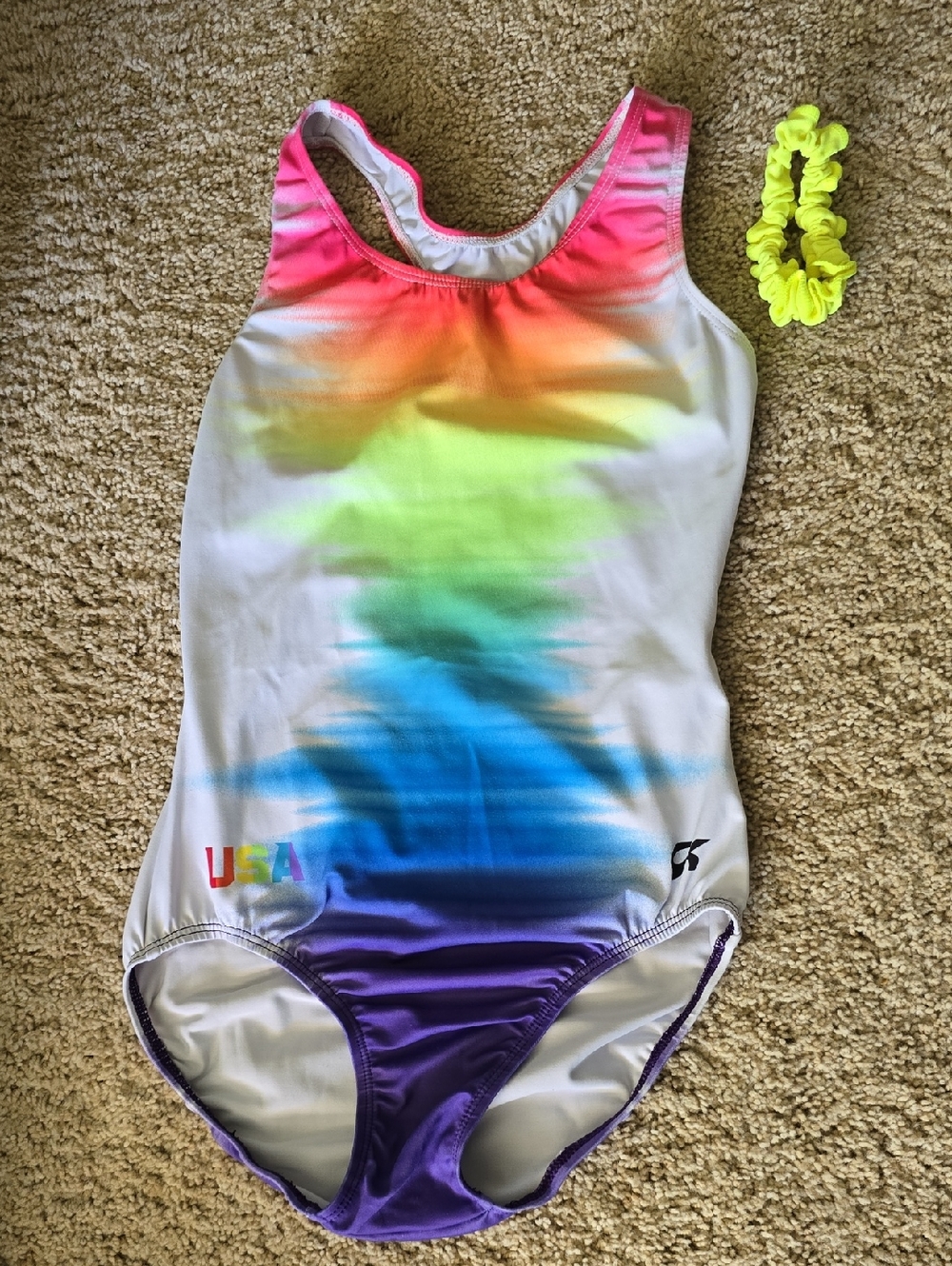 GK adulr medium Rainbow Ombre leotard with Neon Scrunchie - USA